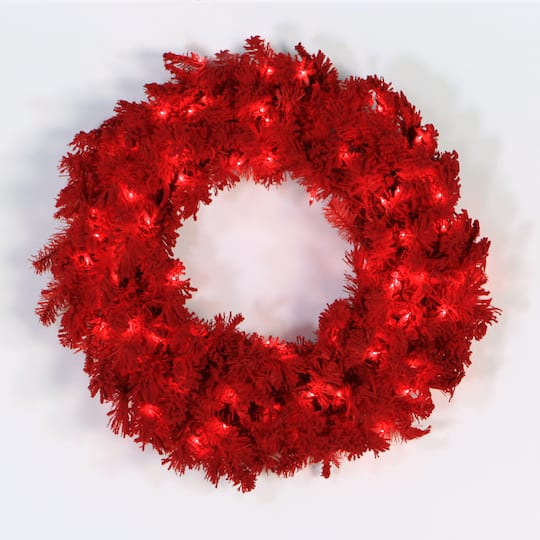 24" Flocked Red Fir Wreath, Red Dura-Lit® LED Lights